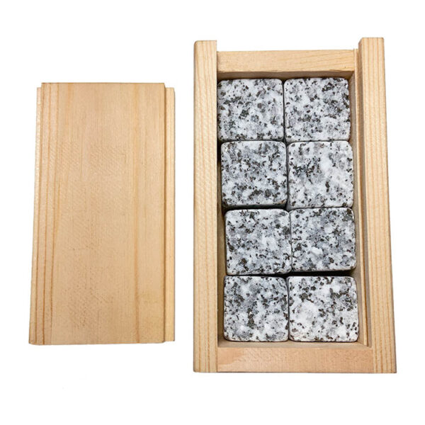 whiskey stones in wooden box