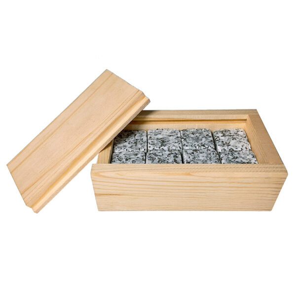 wooden box with stones